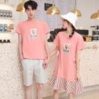 Couple Matching Short-sleeve Printed T-shirt / Shorts / Striped Paneled A-line Dress