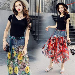 Set: Short-sleeve T-shirt + Floral Print Midi Skirt