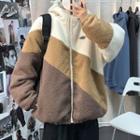 Long-sleeve Patch Color Block Faux Fur Zipped Hooded Jacket