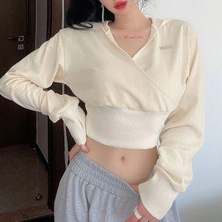 Long-sleeve V-neck Cropped Elastic-waist Hooded Sweatshirt