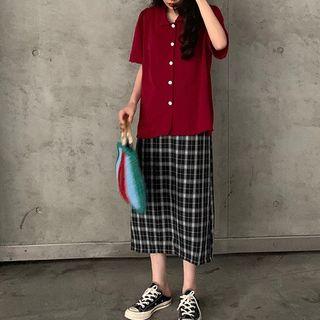 Plain Short-sleeve Blouse/ Plaid A-line Skirt