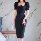Puff-sleeve Square-neck Asymmetrical Bodycon Dress