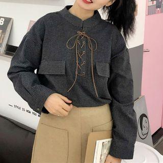 Long-sleeve Lace-up Plaid Top