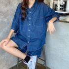 Pocket Detail Elbow-sleeve Oversize Denim Shirt / Shorts