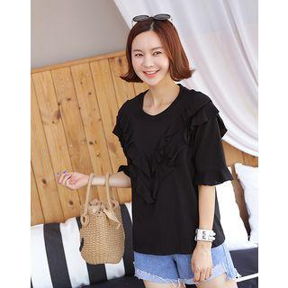 Elbow-sleeve Ruffle-trim T-shirt