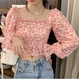 Bell-sleeve Floral Print Blouse Pink Floral - White - One Size