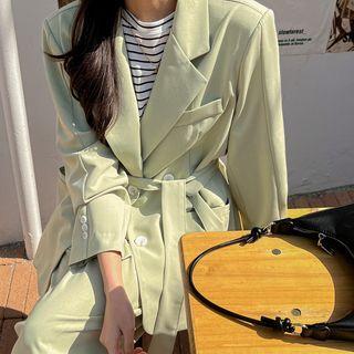 Doule-breasted Long Blazer With Sash