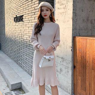 Ruffle-hem Ribbed Sweater Dress