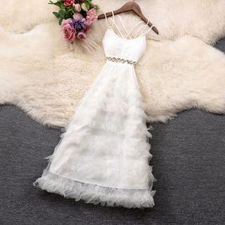 Spaghetti-strap Mesh Layered Midi A-line Dress