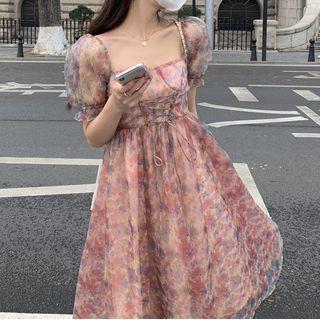 Puff-sleeve Square-neck Floral Printed Chiffon Dress