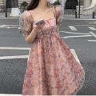 Puff-sleeve Square-neck Floral Printed Chiffon Dress