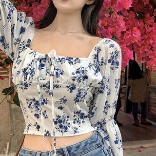 Off-shoulder Floral Cropped Blouse Floral - Blue - One Size