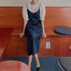 Puff Sleeve Plain Top / Spaghetti Strap Denim Midi Dress