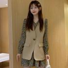 Long-sleeve V-neck Floral Mini Dress / Button-up Vest