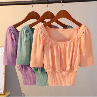 Ruched Elbow-sleeve Cropped Knit Top