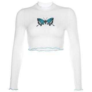 Mock-turtleneck Long-sleeve Butterfly Print Cropped Top