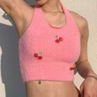 Halter Cherry Embroidered Crop Top