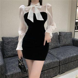 Bow-neck Panel Mini Bodycon Dress