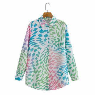 Color Block Print Shirt Blue & Green & Pink - One Size
