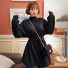 Mock-neck Belted Mini Sweatshirt Dress