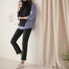 Turtle-neck Striped Shirt Layered Knit Top Navy Blue - One Size