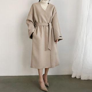 Wide-sleeve Wool Blend Long Wrap Coat