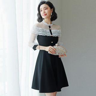 Mesh-sleeve Lace Trim Buttoned A-line Dress