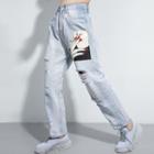 Printed Distressed Straight-cut Jeans