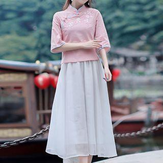 Set: Traditional Chinese Elbow-sleeve Top + Maxi Skirt