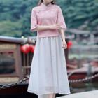 Set: Traditional Chinese Elbow-sleeve Top + Maxi Skirt