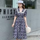 Short-sleeve Floral Print Lace Trim A-line Midi Dress