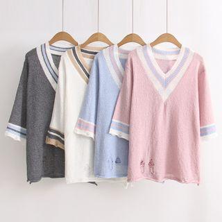 Striped V-neck Distressed Sweater