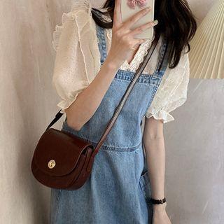 Set : Puff-sleeve Top + Denim Overalls Dress