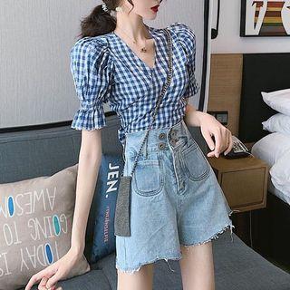 Short-sleeve Gingham Blouse / High Waist Denim Shorts