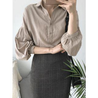 Puff Long-sleeve Half-placket Top