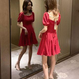 Square Neck Drawstring Polka Dot Dress