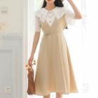 Short-sleeve Collar Two-tone A-line Dress