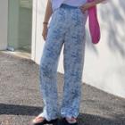 Floral Print Wide Leg Pants Blue - One Size