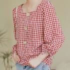 Square-neck Blouse Gingham - White & Red - One Size