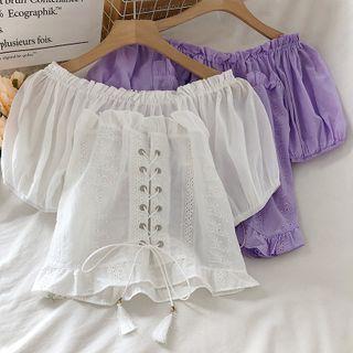 Off-shoulder Lace Up Puff-sleeve Blouse