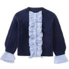 Mock Two-piece Ruffled Cable Knit Sweater Navy Blue - One Size