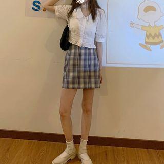 Ruffle Trim Short-sleeve Shirt / Plaid A-line Skirt
