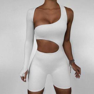 One-shoulder Cut-out Long-sleeve Playsuit