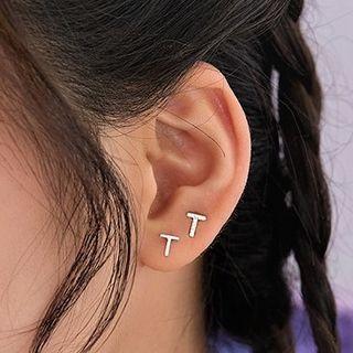 Letter T Rhinestone Asymmetrical Sterling Silver Earring