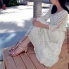 Lace Panel 3/4-sleeve Midi A-line Dress