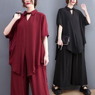 Set: Short-sleeve Cut-out Blouse + Wide Leg Pants