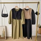 Set: Long-sleeve A-line Midi Dress + Single Button Vest