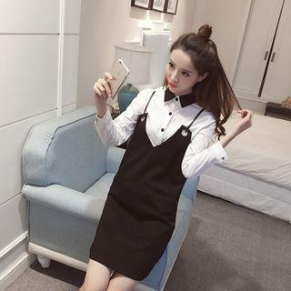 Set: Contrast Collar Long-sleeve Shirt + Pinafore Dress