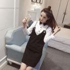 Set: Contrast Collar Long-sleeve Shirt + Pinafore Dress