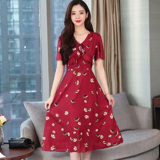 Short-sleeve Print Chiffon A-line Midi Dress